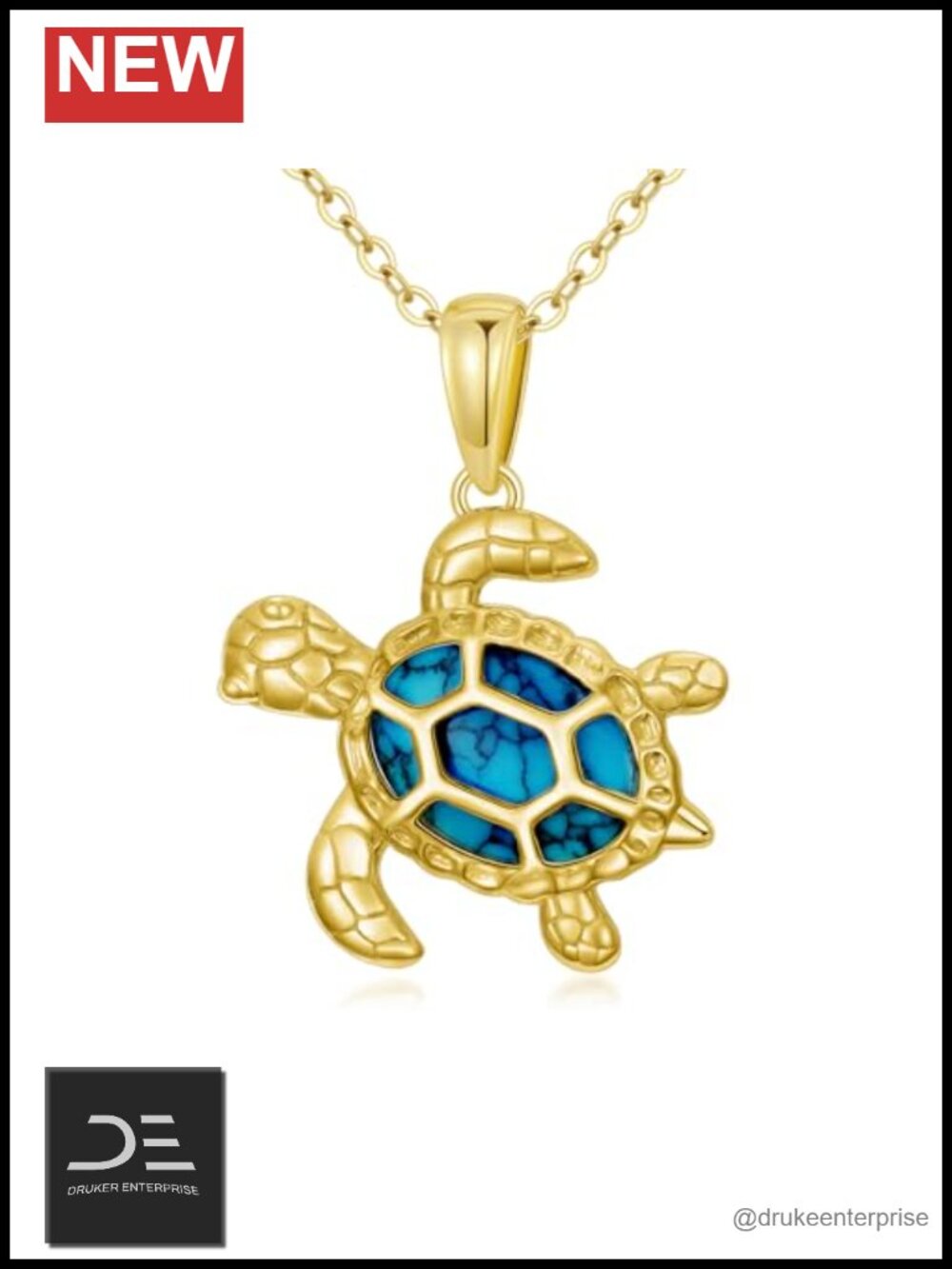 14k Gold Sea Turtle Pendant Necklace Real Turquoise Ocean Jewelry Gift